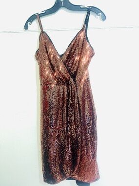 Guess Copper Sequin Wrap-Front Mini Dress with Spaghetti Straps